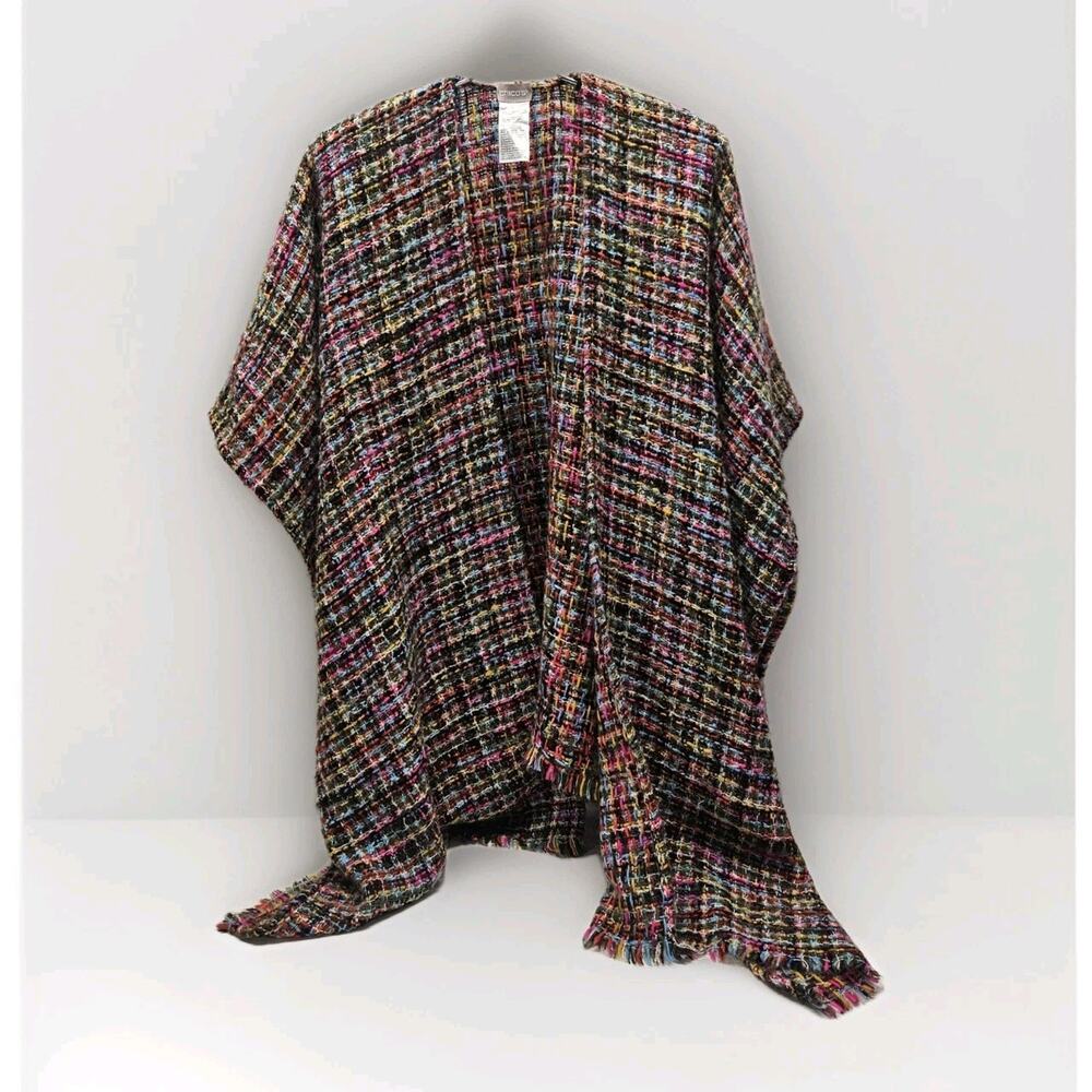 Chico’s Colorful Boucle Knit Tweed Kimono Cape Poncho Boho Cottage One Size